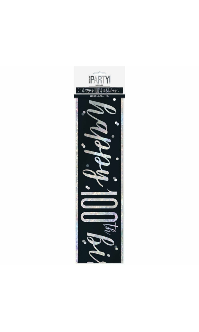 Birthday Black Glitz Number 100 Prism Banner - 9 ft
