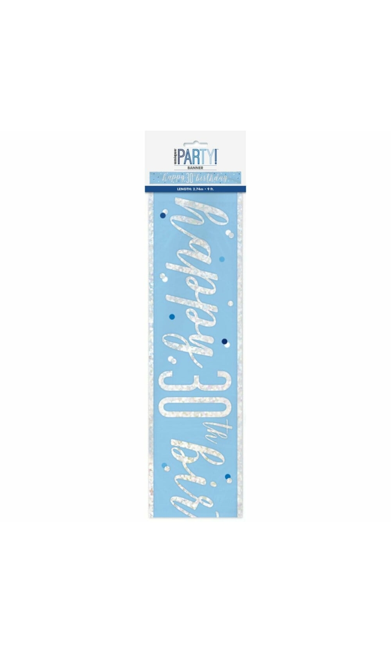 Glitz Blue & Silver Foil Banner Happy 30th Birthday - 9 Feet