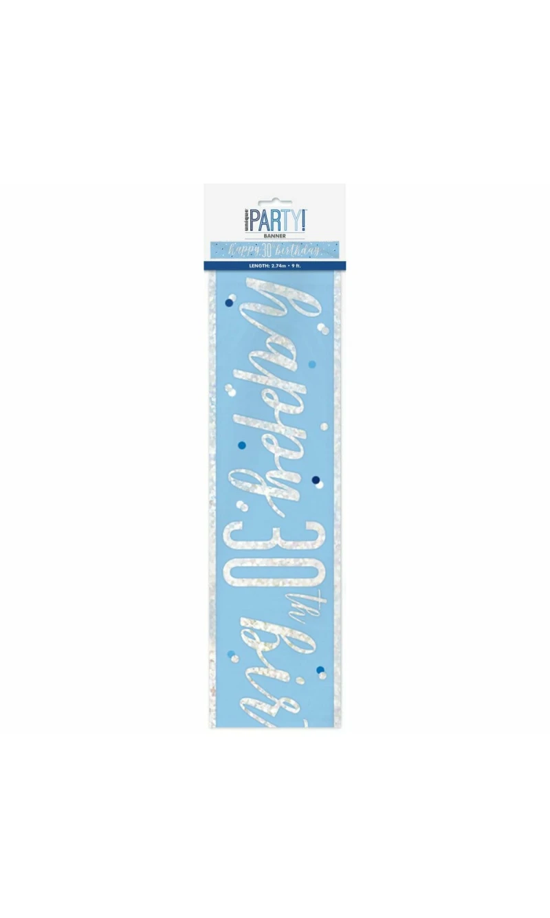 Glitz Blue & Silver Foil Banner Happy 30th Birthday - 9 Feet