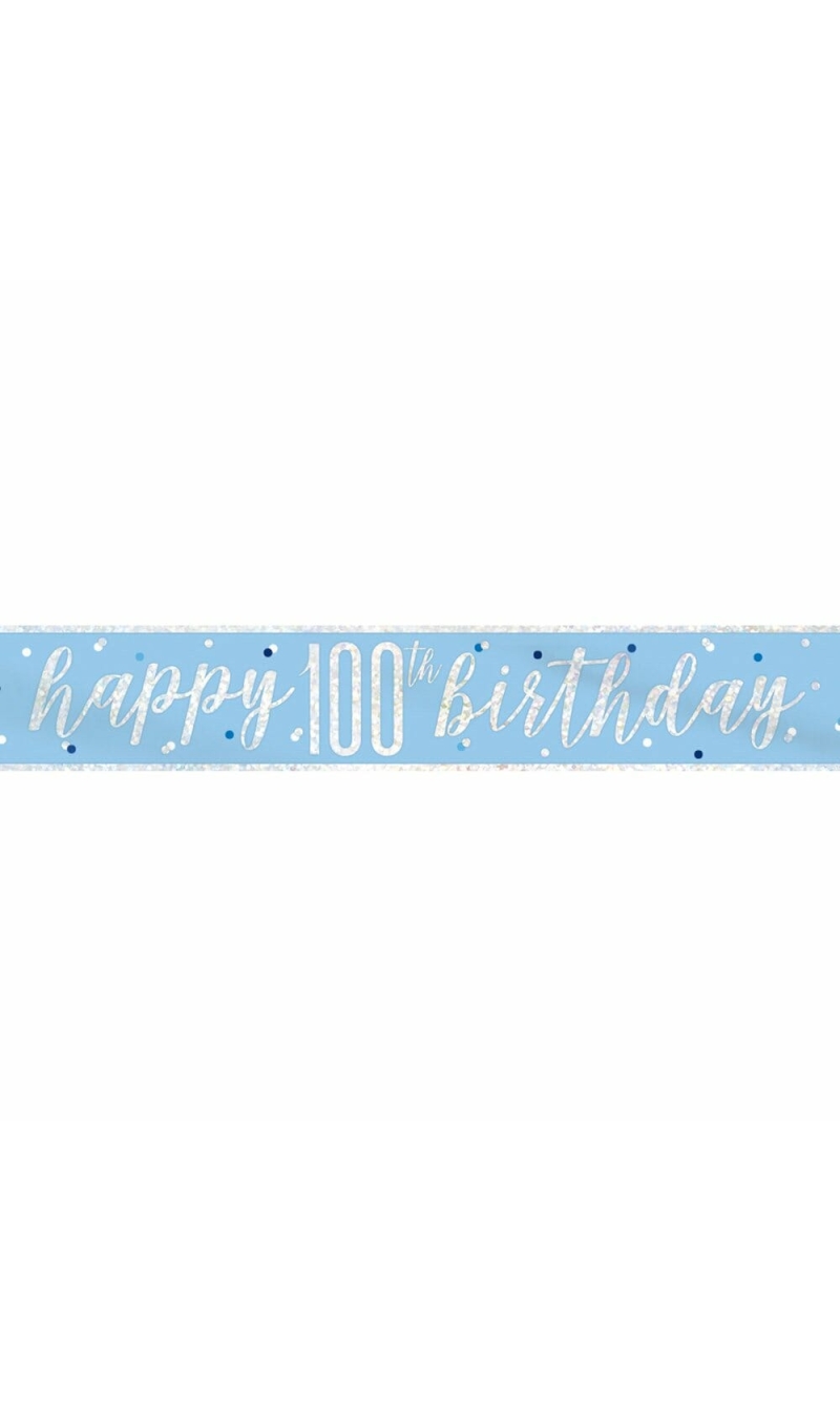 Glitz Blue & Silver Foil Banner Happy 100th Birthday - 9 Feet