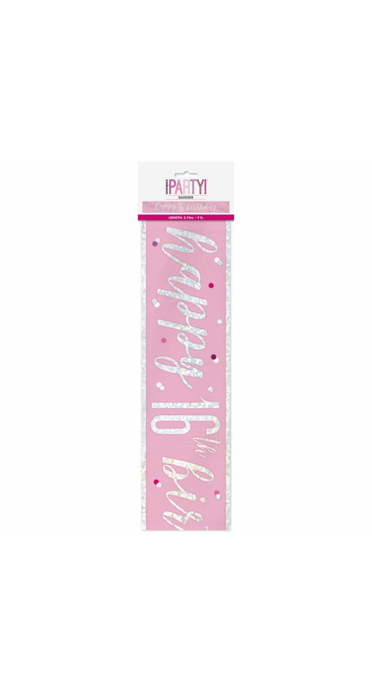 Glitz Pink & Silver Foil Banner Happy 16th Birthday - 9 Feet