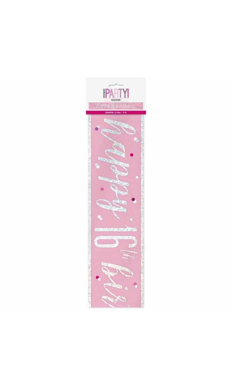 Glitz Pink & Silver Foil Banner Happy 16th Birthday - 9 Feet