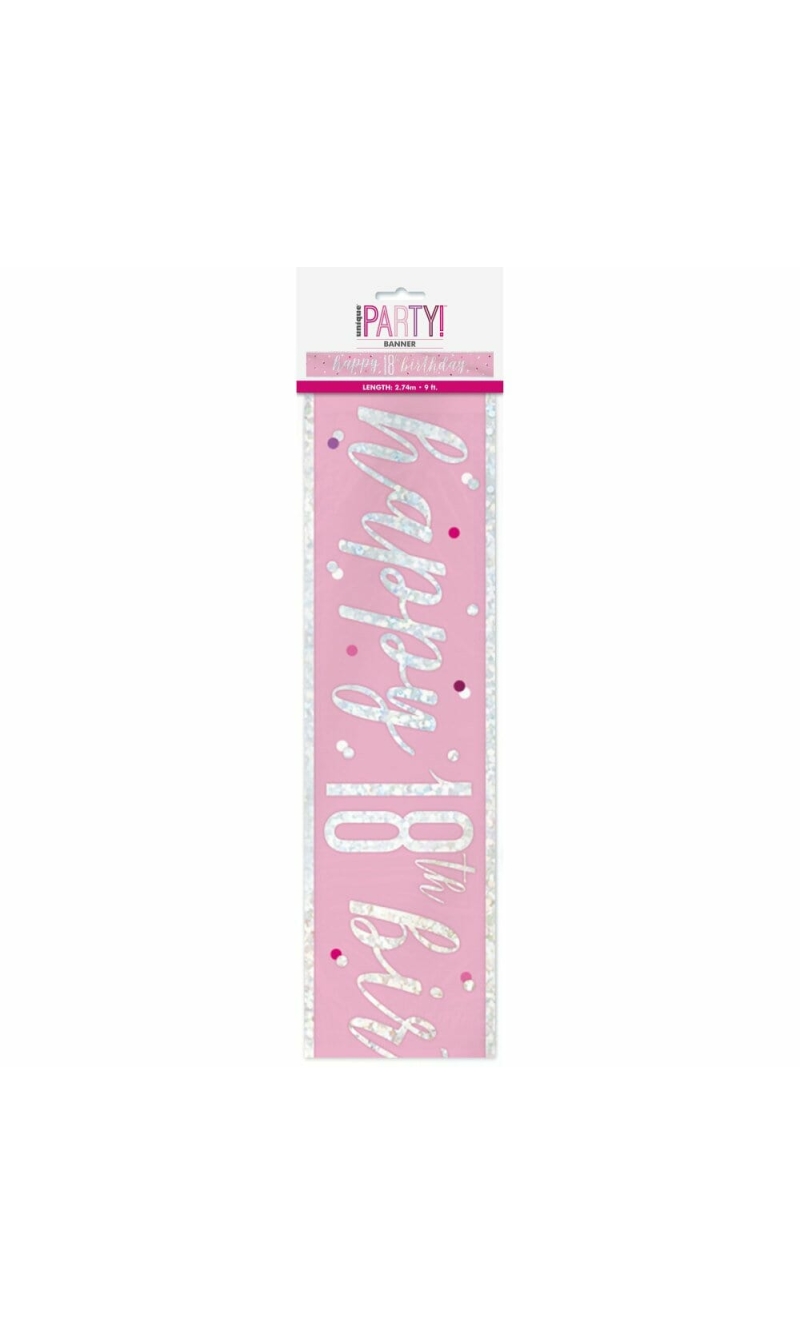 Glitz Pink & Silver Foil Banner Happy 18th Birthday - 9 Feet