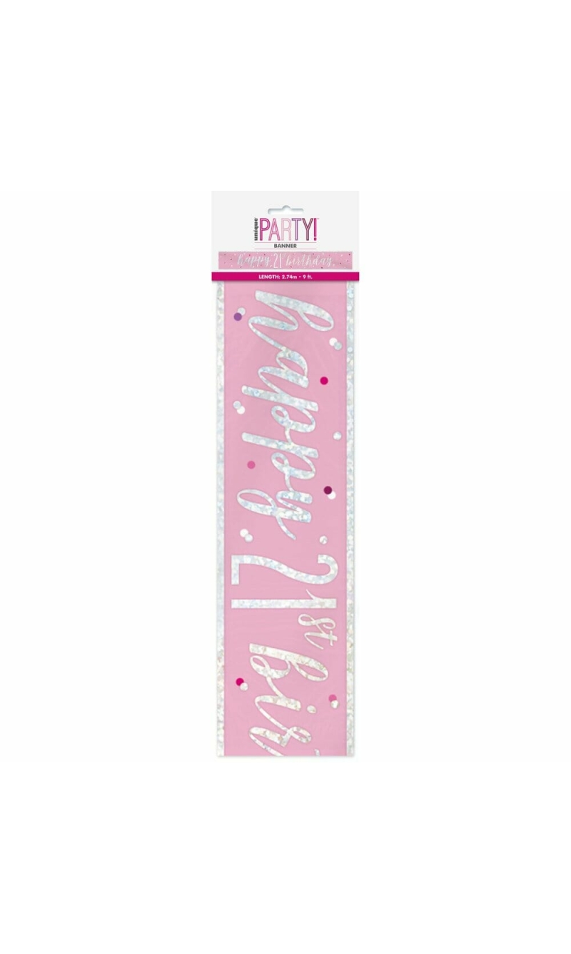 Glitz Pink & Silver Foil Banner Happy 21st Birthday - 9 Feet