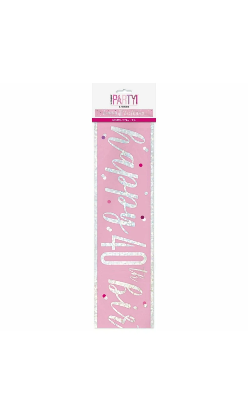 Glitz Pink & Silver Foil Banner Happy 40th Birthday - 9 Feet