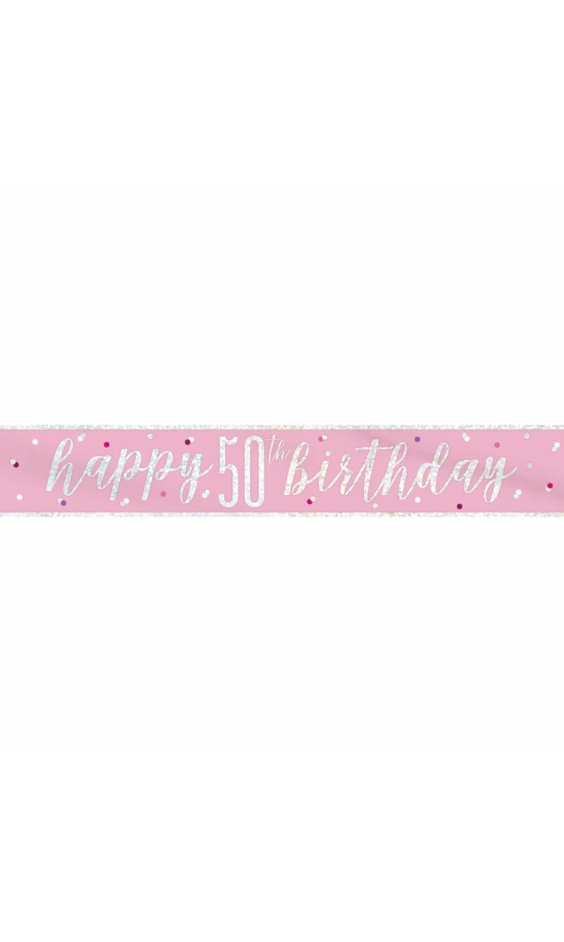 Glitz Pink & Silver Foil Banner Happy 50th Birthday - 9 Feet
