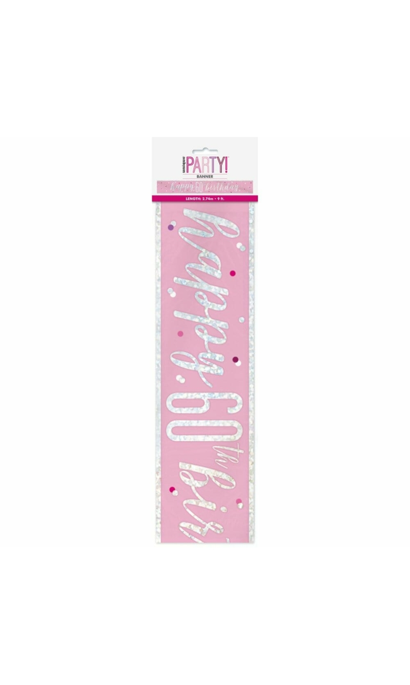 Glitz Pink & Silver Foil Banner Happy 60th Birthday - 9 Feet