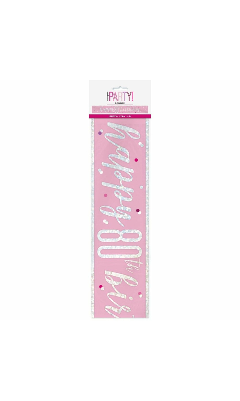 Glitz Pink & Silver Foil Banner Happy 80th Birthday - 9 Feet