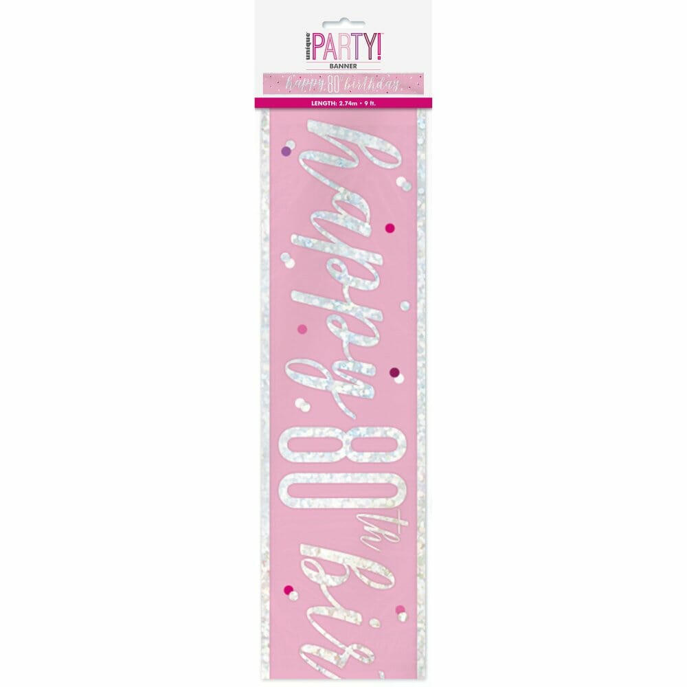 Glitz Pink & Silver Foil Banner Happy 80th Birthday - 9 Feet