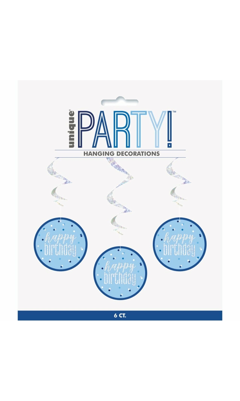 Glitz Blue & Silver Hanging Swirls 32 Inch L Happy Birthday - 6pk