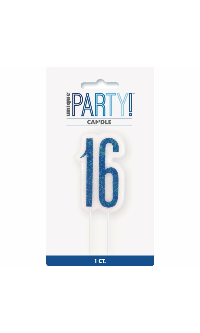 Birthday Blue Glitz Number 16 Numeral Candle
