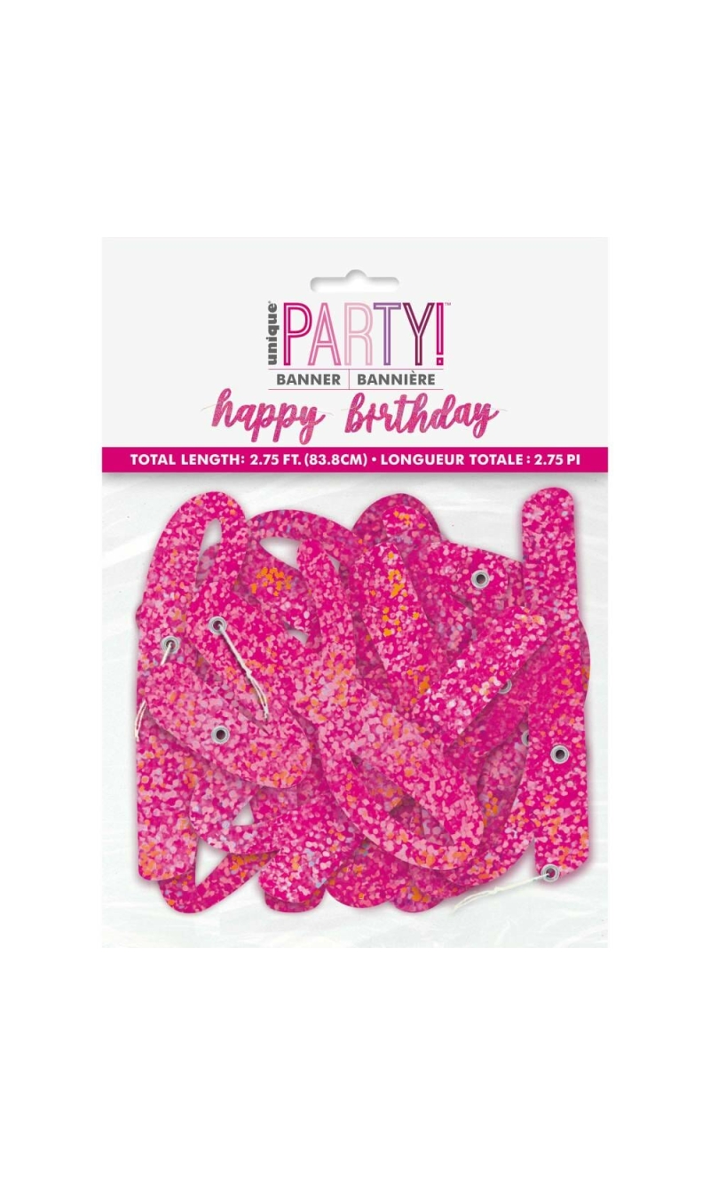 Pink Glitz Script Happy Birthday Prismatic Foil Jointed Banner - 2pc
