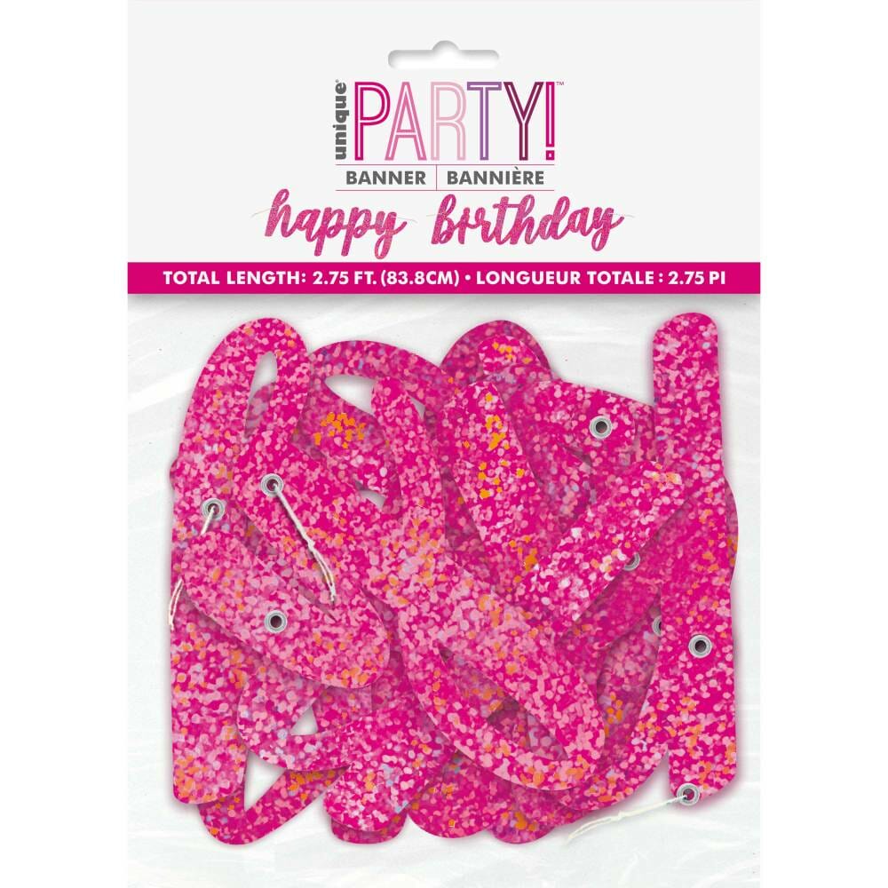 Pink Glitz Script Happy Birthday Prismatic Foil Jointed Banner - 2pc