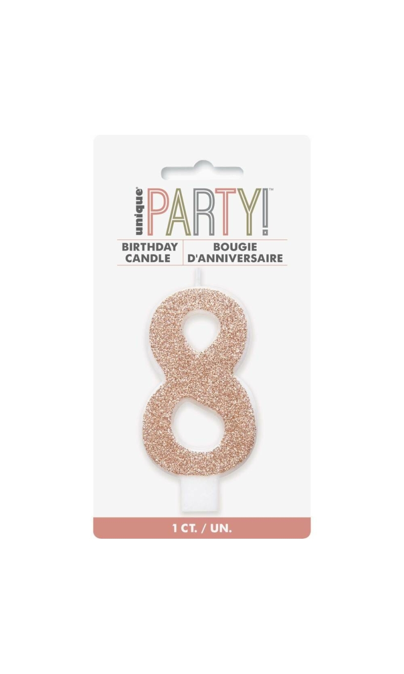 Birthday Rose Gold Glitz Glitter Number 8 Birthday Candle
