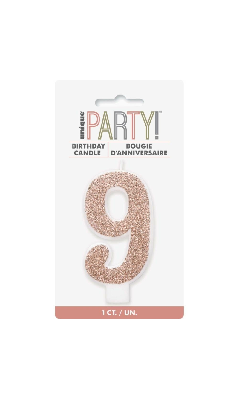 Birthday Rose Gold Glitz Glitter Number 9 Birthday Candle