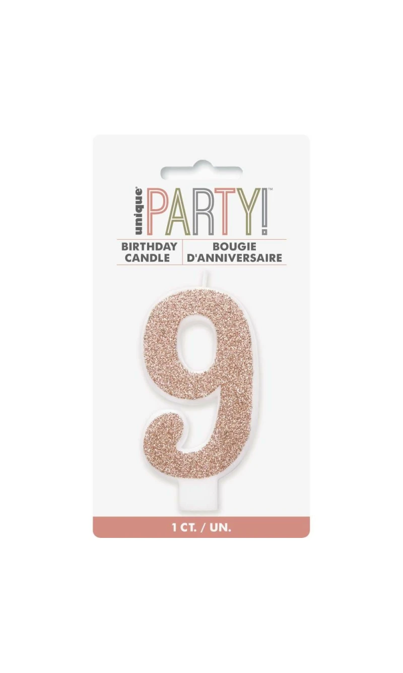 Birthday Rose Gold Glitz Glitter Number 9 Birthday Candle