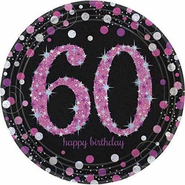 60th Pink Sparkling Celebration Paper Plates 22.9cm – 8pk
