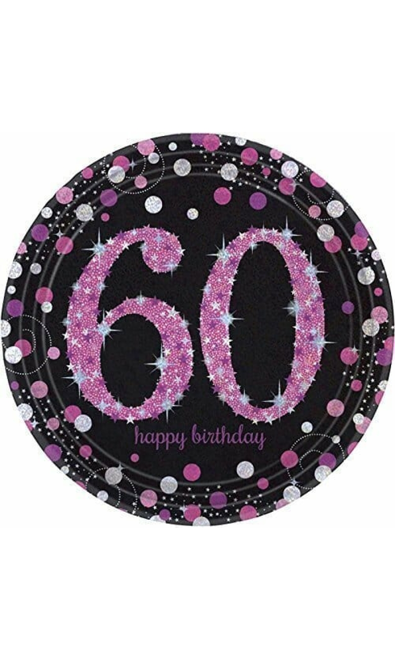 60th Pink Sparkling Celebration Paper Plates 22.9cm – 8pk