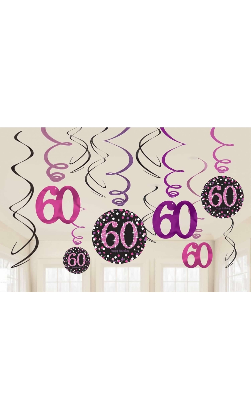 60th Pink Sparkling Celebration Hanging Swirl Decorations - 12pk