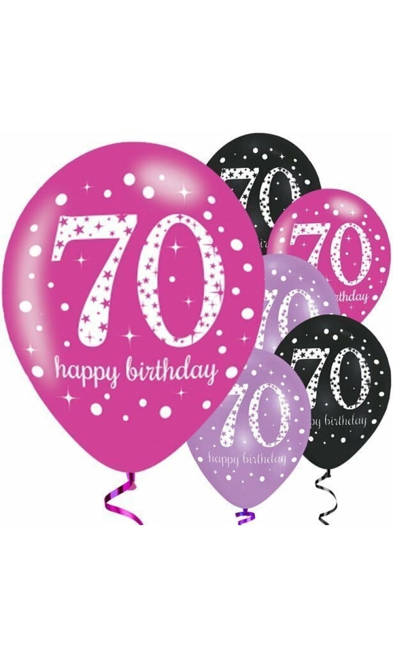 Sparkling Pink Purple& Black Happy 70th Birthday 11" Latex Balloons - 6pk