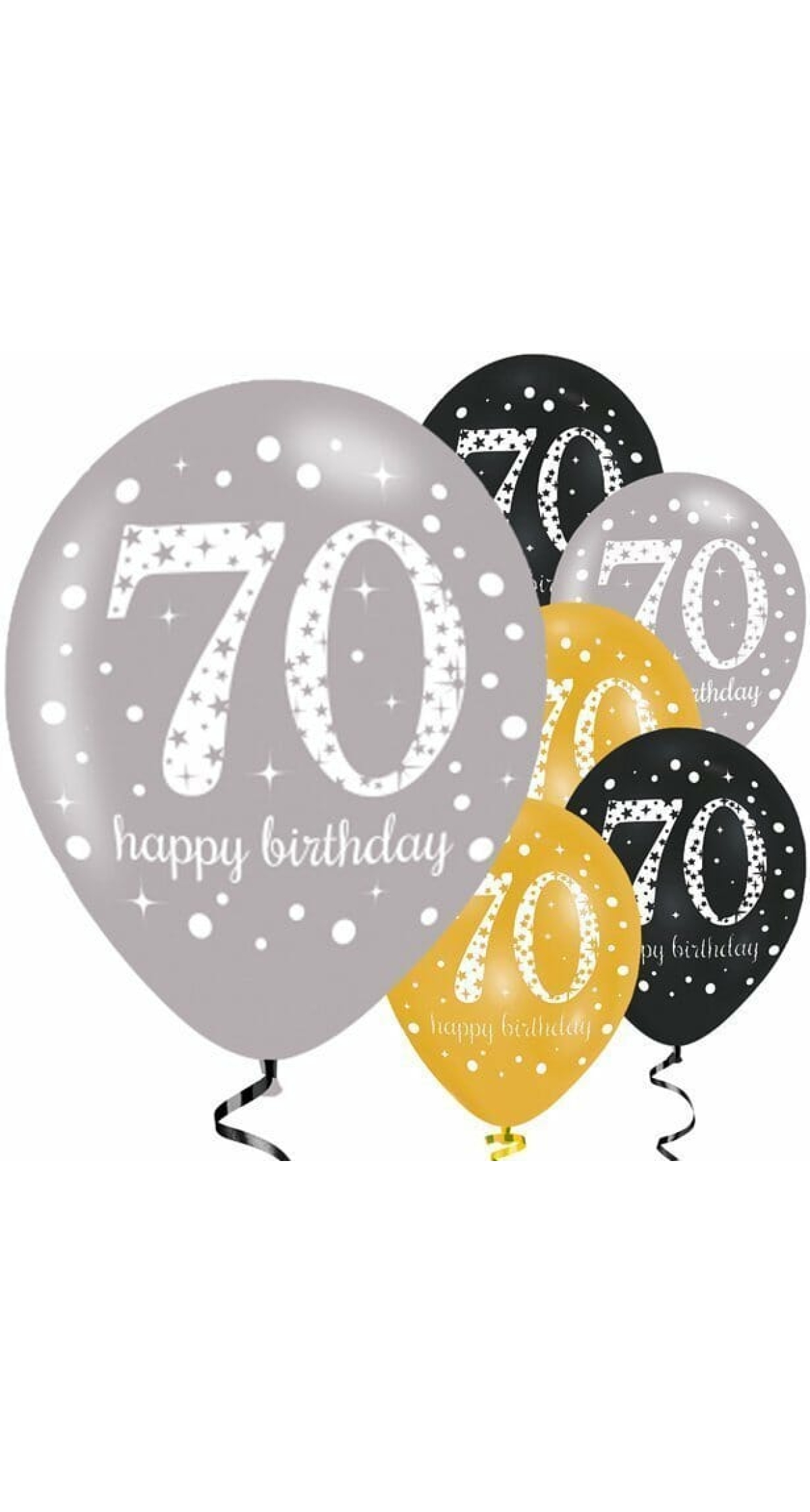 Sparkling Gold Silver& Black Happy 70th Birthday 11" Latex Balloons - 6pk