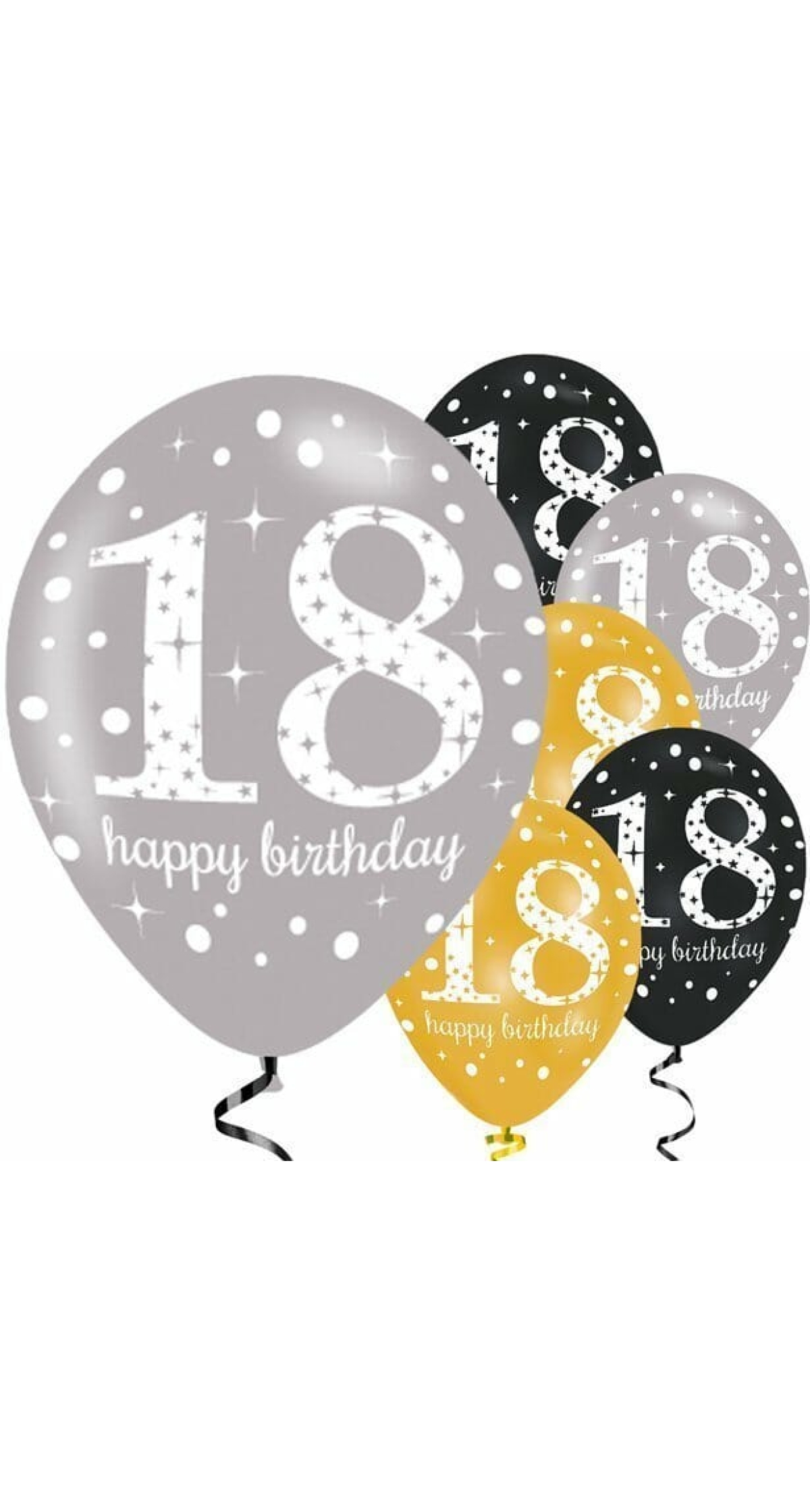 Sparkling Gold Silver& Black Happy 18th Birthday 11" Latex Balloons - 6pk