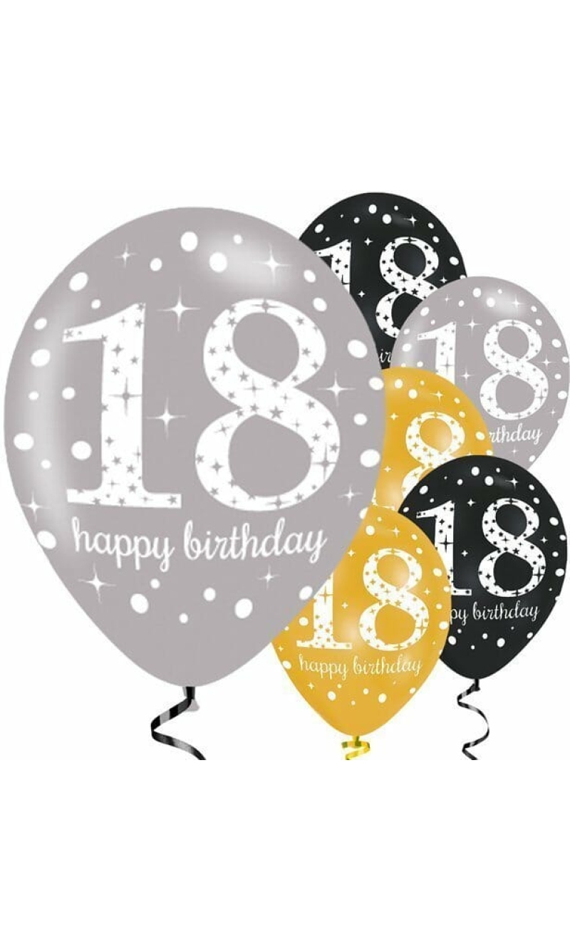 Sparkling Gold Silver& Black Happy 18th Birthday 11" Latex Balloons - 6pk