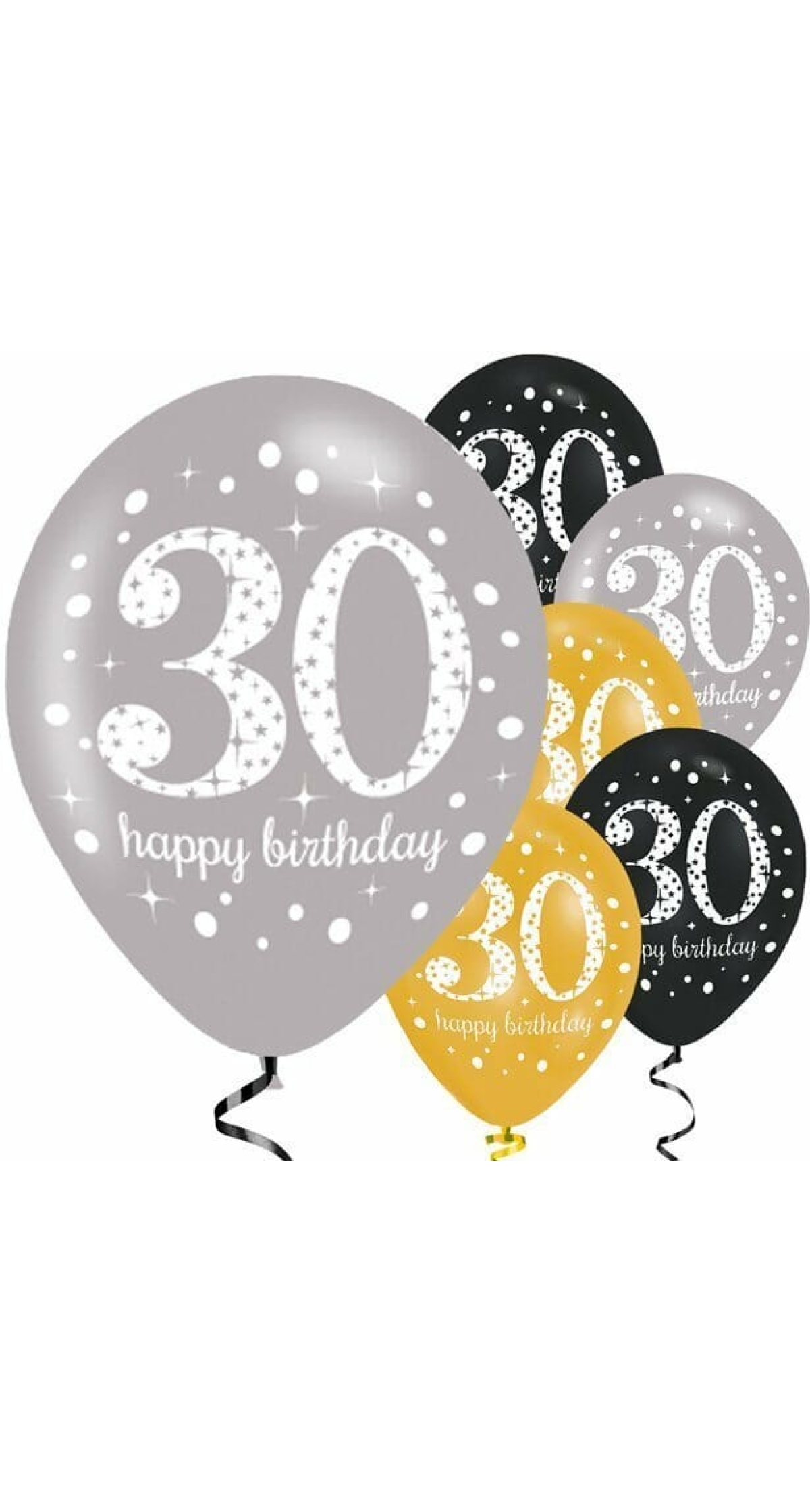 Sparkling Gold Silver& Black Happy 30th Birthday 11" Latex Balloons - 6pk