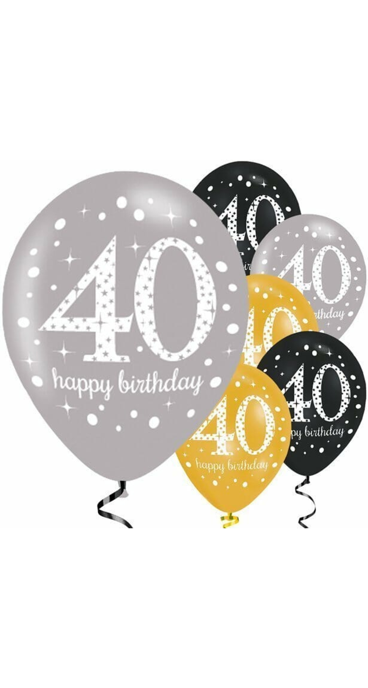Sparkling Gold Silver& Black Happy 40th Birthday 11" Latex Balloons - 6pk