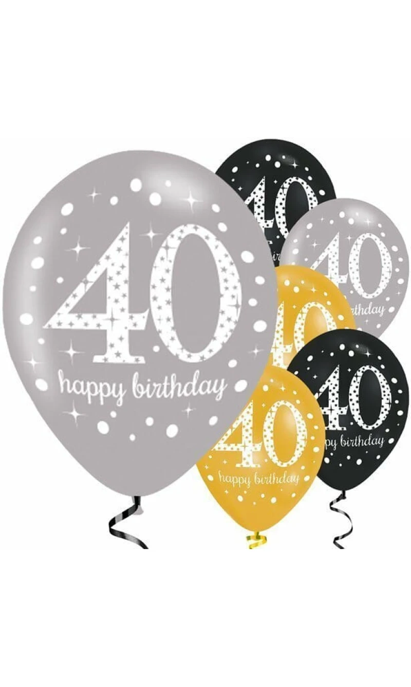 Sparkling Gold Silver& Black Happy 40th Birthday 11" Latex Balloons - 6pk