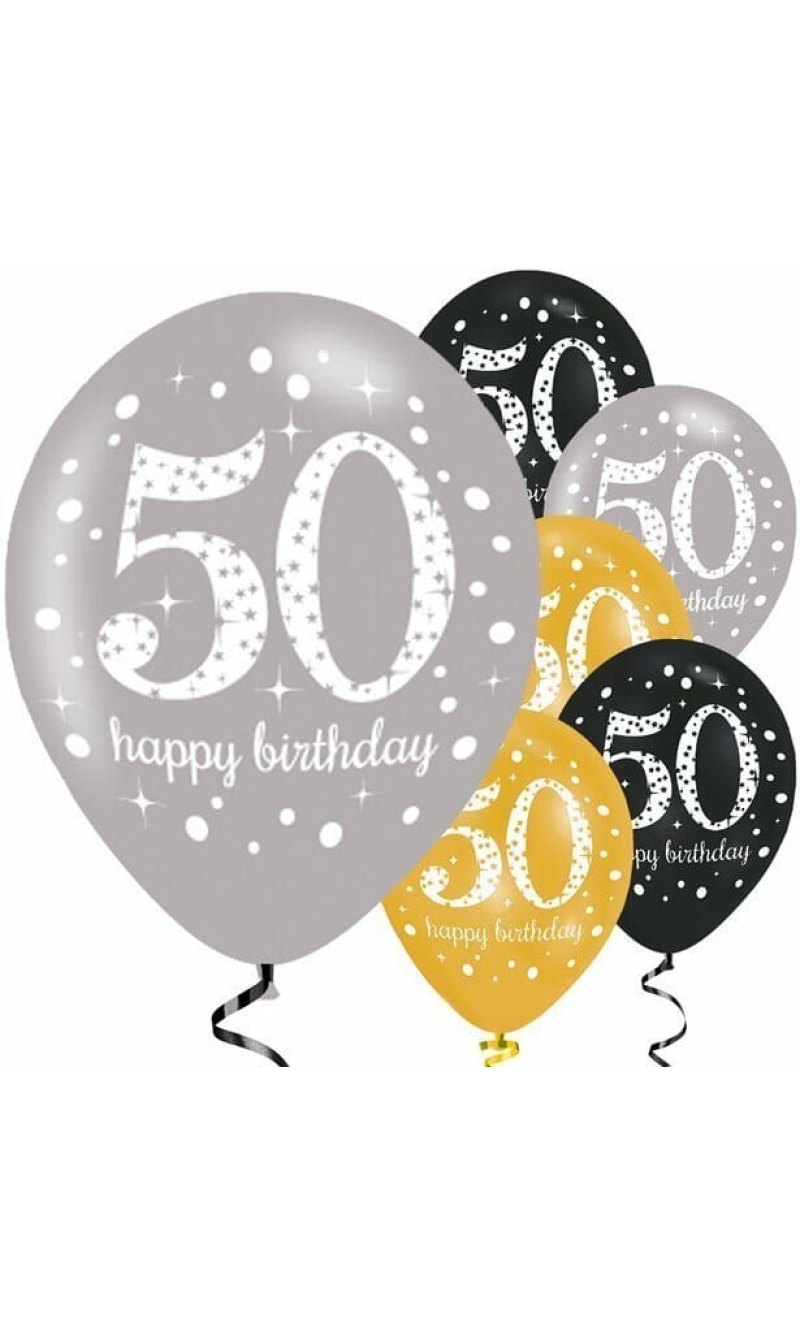 Sparkling Gold Silver& Black Happy 50th Birthday 11" Latex Balloons - 6pk