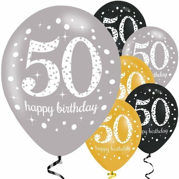 Sparkling Gold Silver& Black Happy 50th Birthday 11" Latex Balloons - 6pk