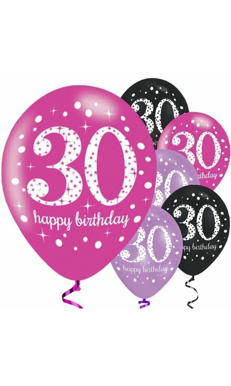 Sparkling Pink Purple& Black Happy 30th Birthday 11" Latex Balloons - 6pk