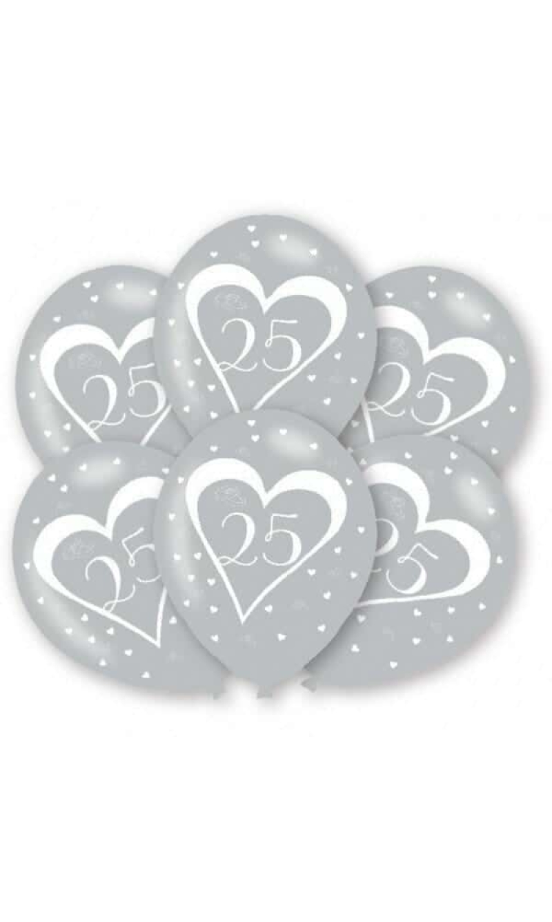 25th Anniversary Silver Latex Printed Balloons 11" - 6pk