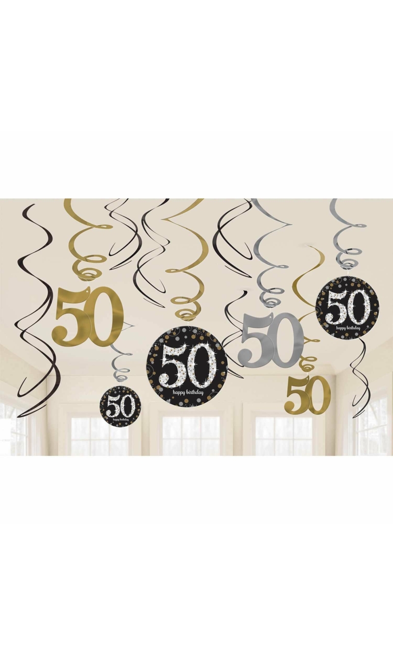 50th Gold Sparkling Celebration Hanging Swirl Decorations - 12pk