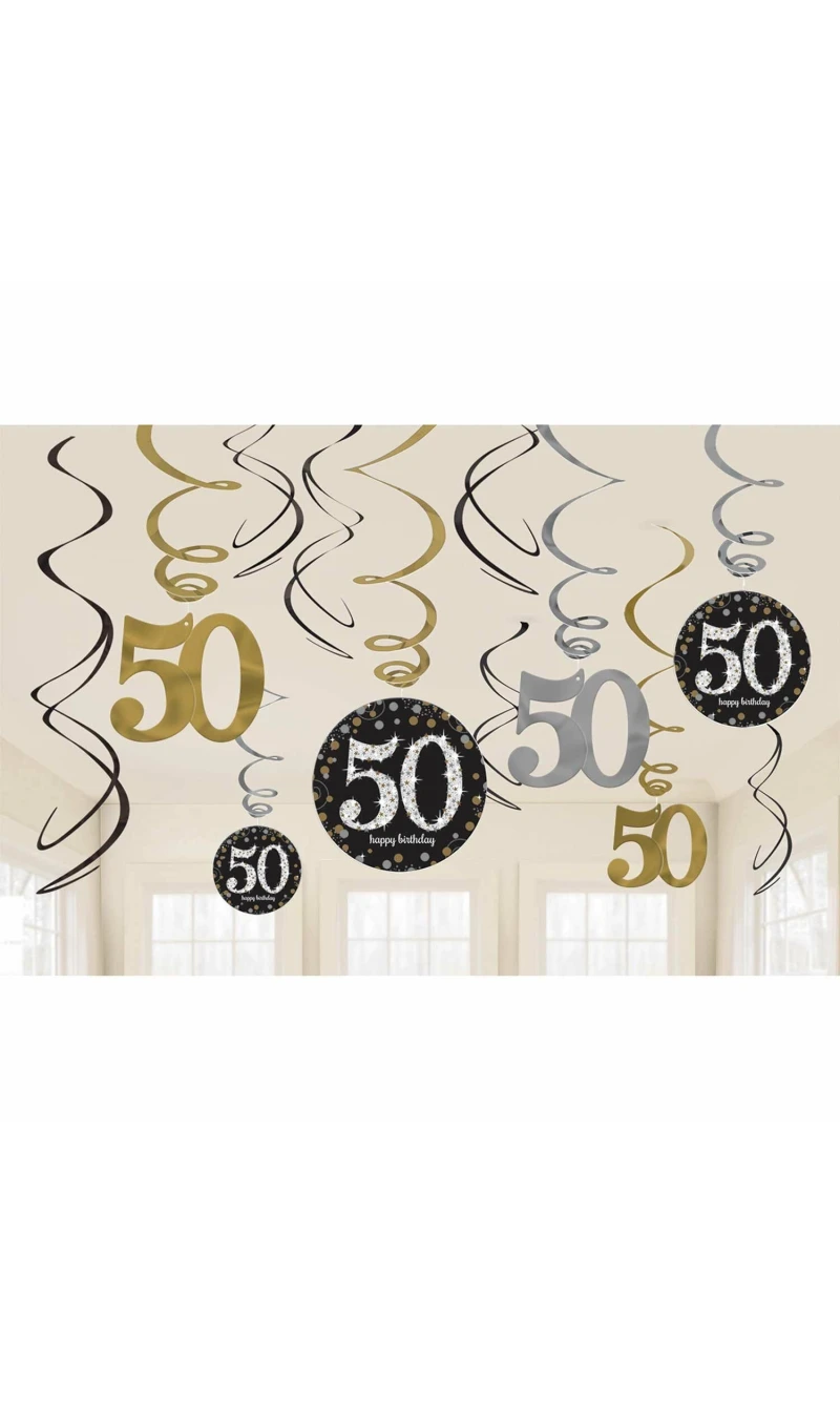 50th Gold Sparkling Celebration Hanging Swirl Decorations - 12pk