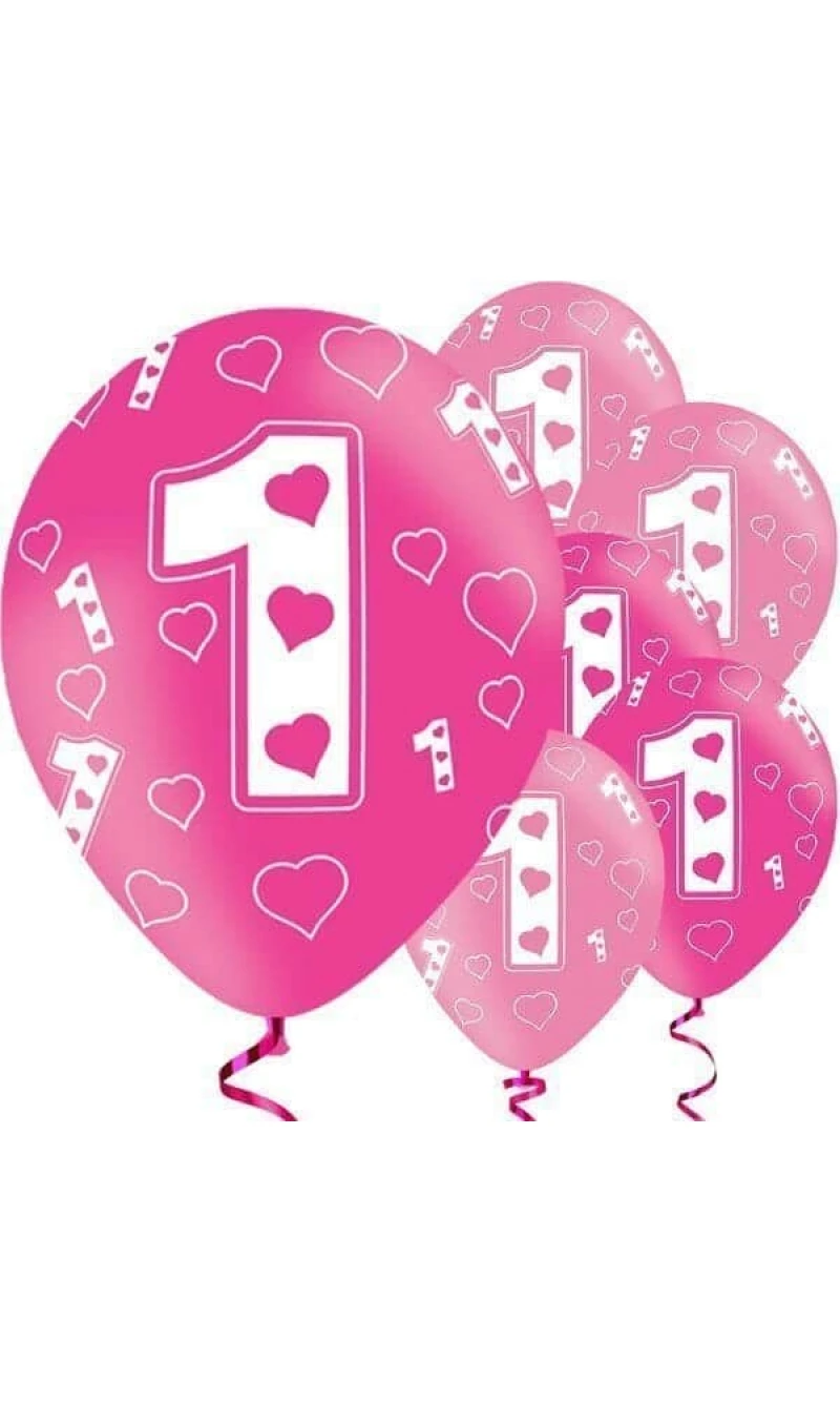 1st Birthday Pink Printed Latex Balloons 11" - 6pk