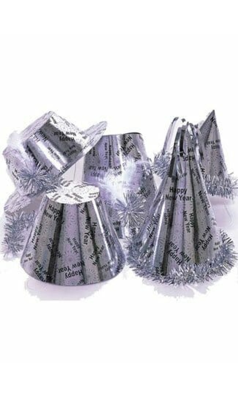 Silver Happy New Year Party Hats (Assorted Designs) - 1pk