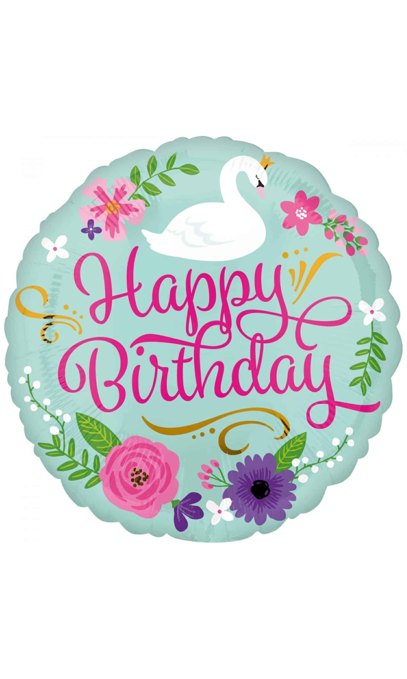 Happy Birthday Floral Swan Foil Balloon - 17" (43cm)