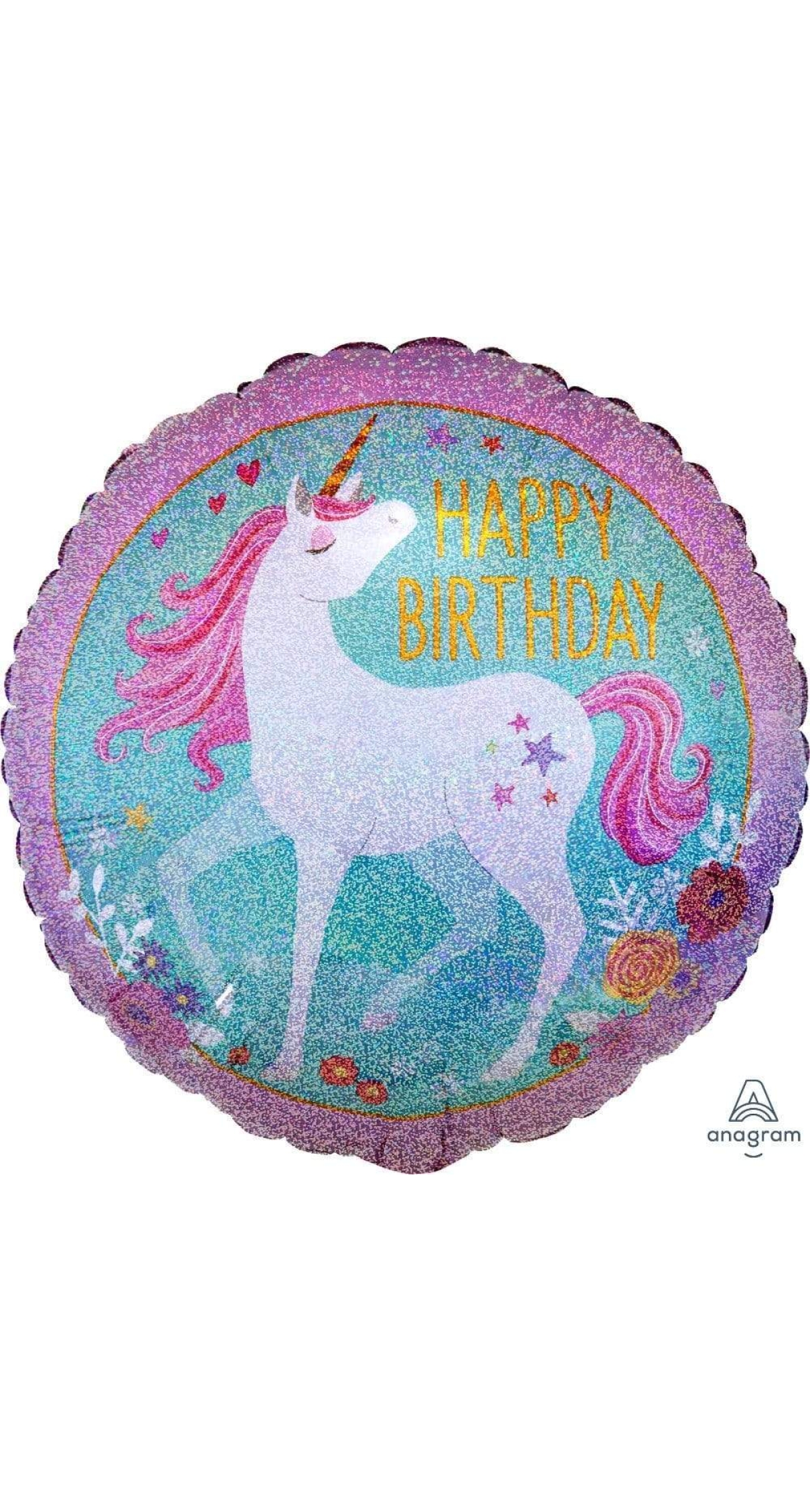 Magical Unicorn Holographic Happy Birthday Round Balloon 18" (45cm)