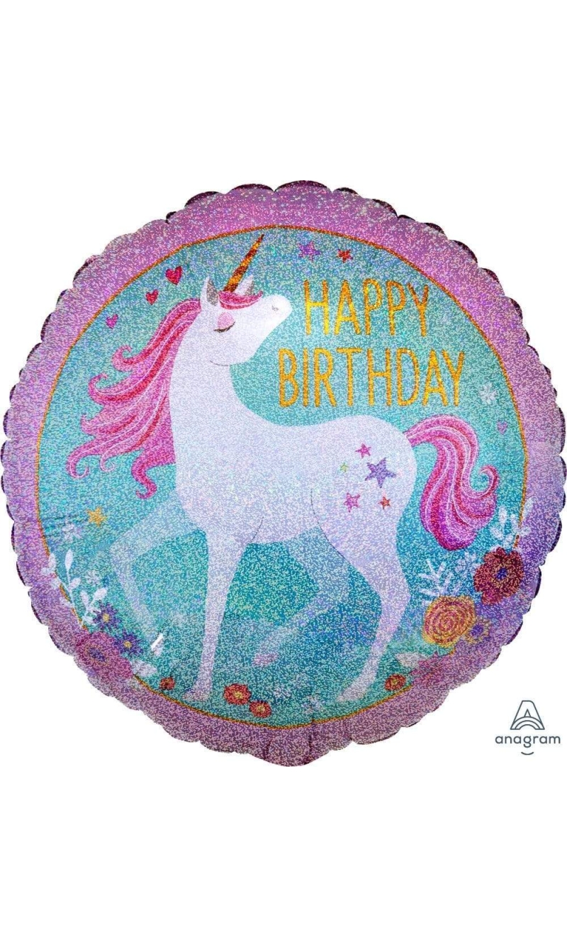 Magical Unicorn Holographic Happy Birthday Round Balloon 18" (45cm)