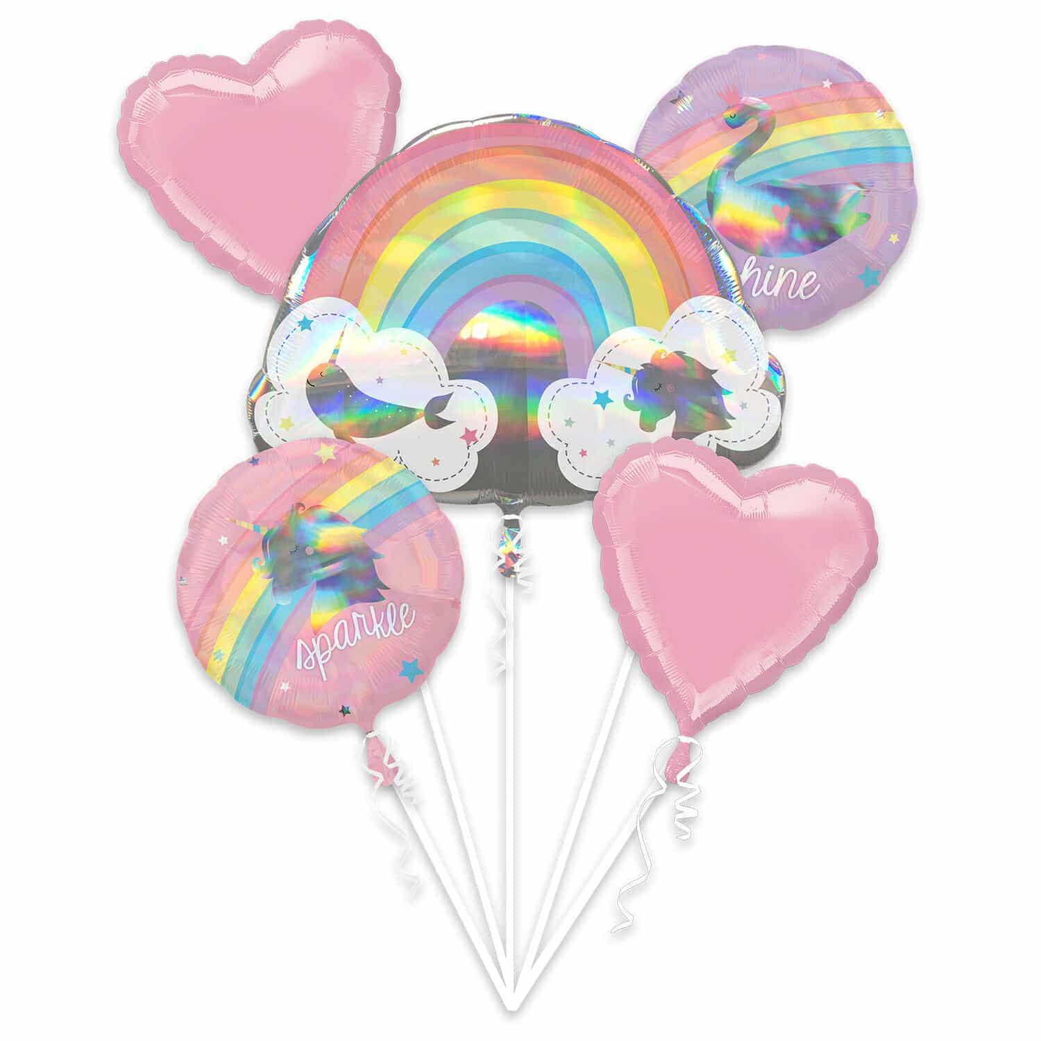 Magical Rainbow Unicorn Holographic Foil Balloon Bouquet - 5pk