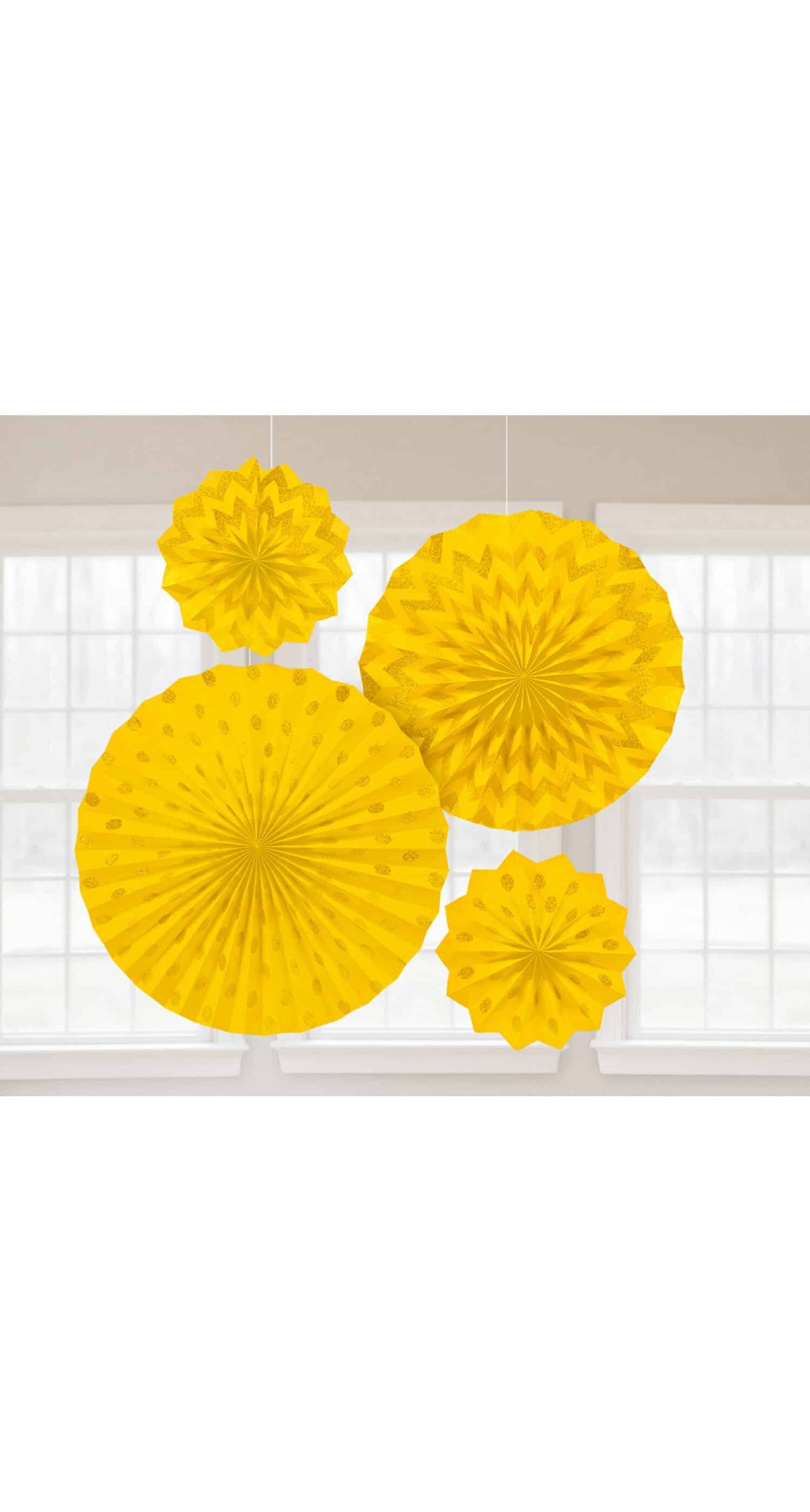 Fan Decorations Glitter Sunshine Yellow Paper 20.3cm / 30.4cm / 40.6cm - 4pk