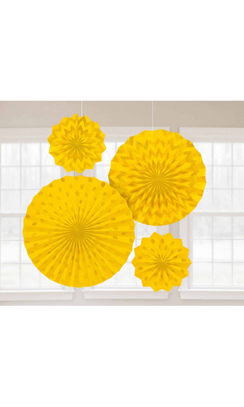 Fan Decorations Glitter Sunshine Yellow Paper 20.3cm / 30.4cm / 40.6cm - 4pk