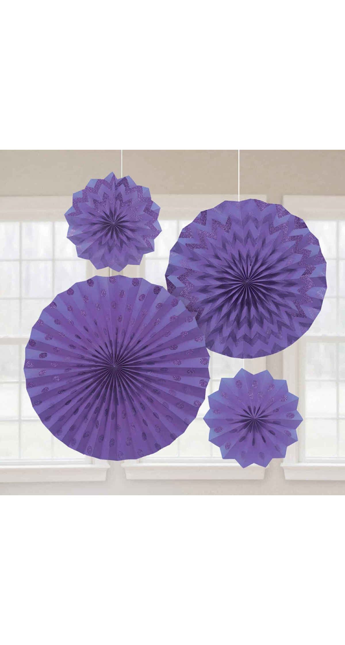 Fan Decorations Glitter New Purple Paper 20.3cm / 30.4cm / 40.6cm  - 4pk