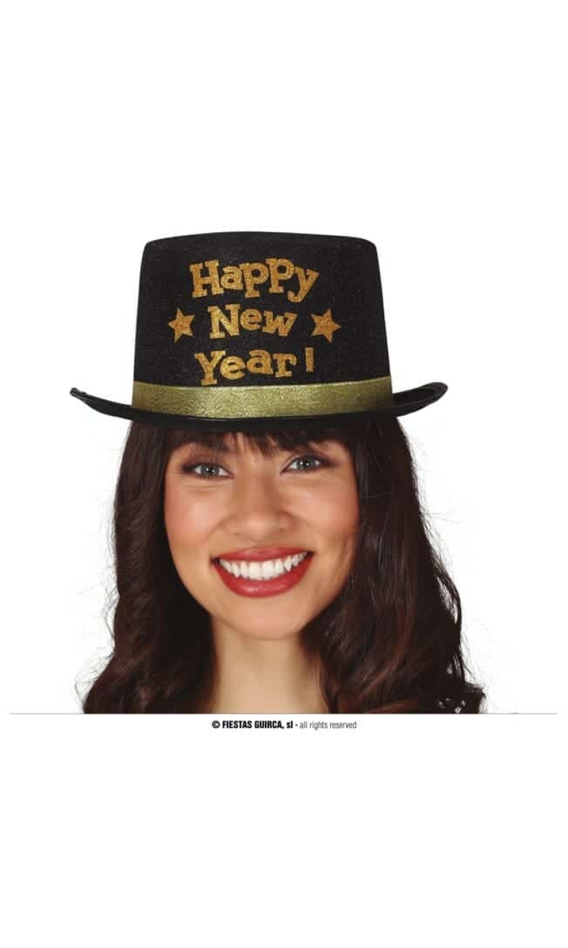 Black Happy New Year Top Hat - Adult One Size