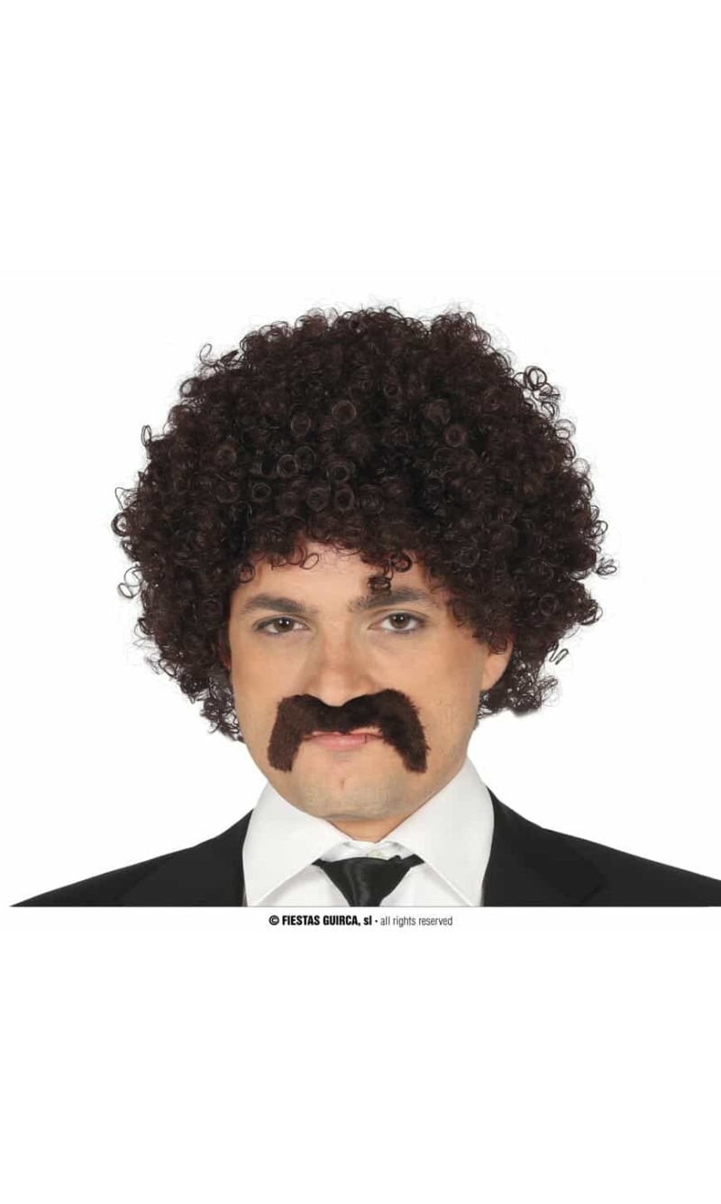 Brown Curly Wig With Moustache - Adult One Size