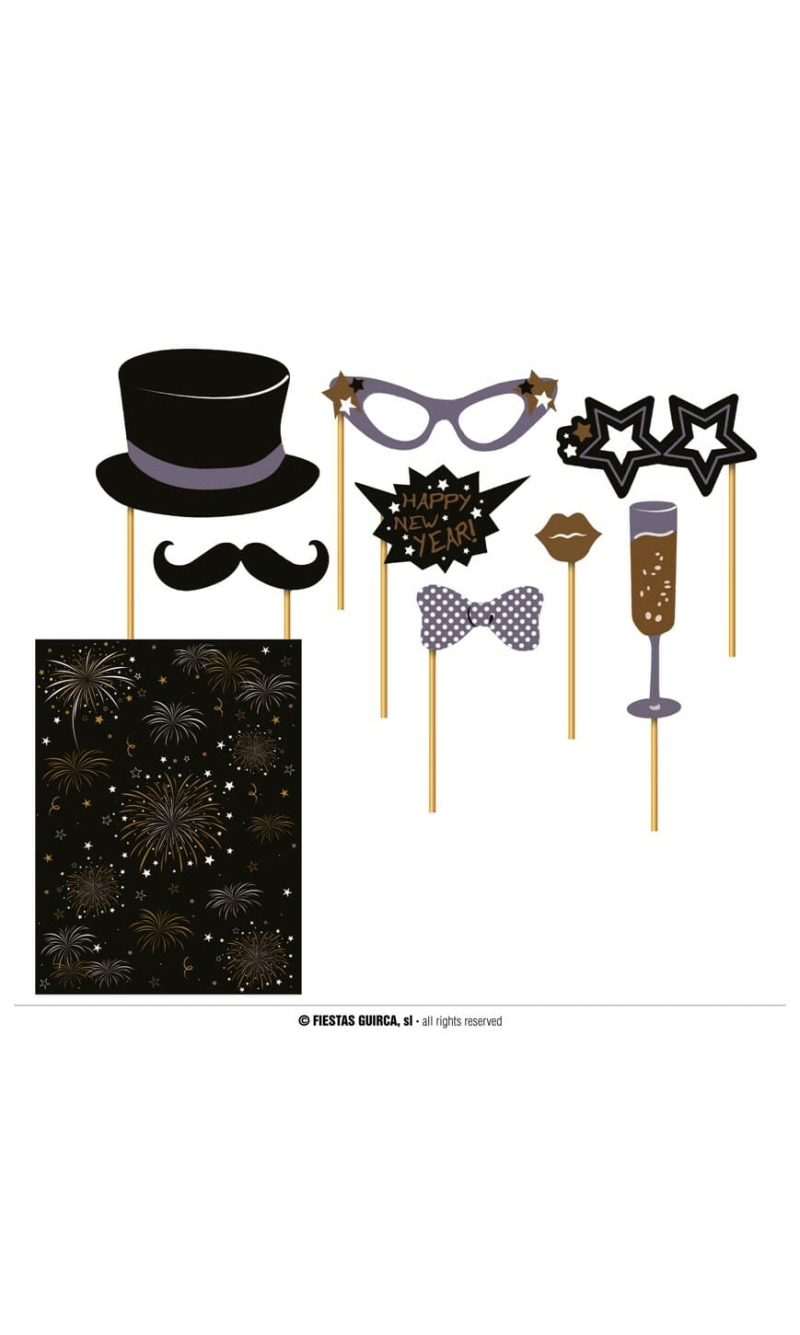 Happy New Year Photo Props with Backdrop - 9pk