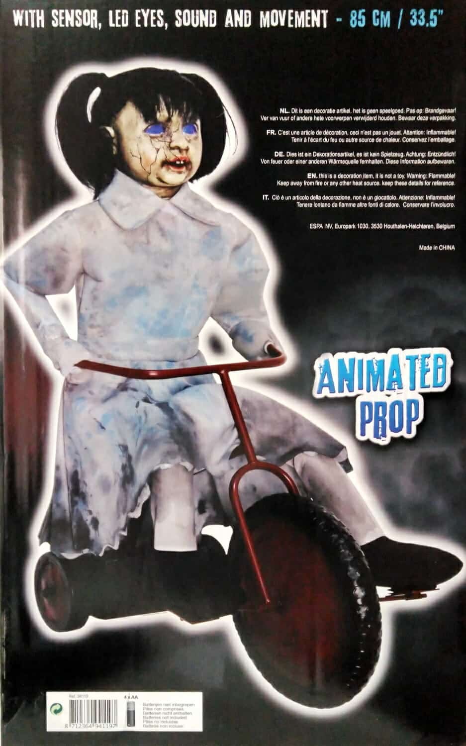 Creepy Girl On Bike with Sensor, LED Eyes, Sound & Movement - 85cm / 33.5"