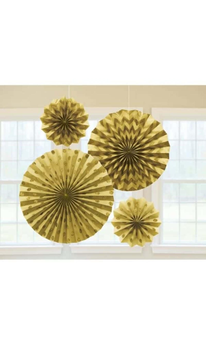 Fan Decorations Glitter Gold Paper 20.3 cm / 30.4 cm / 40.6 cm - 4pk